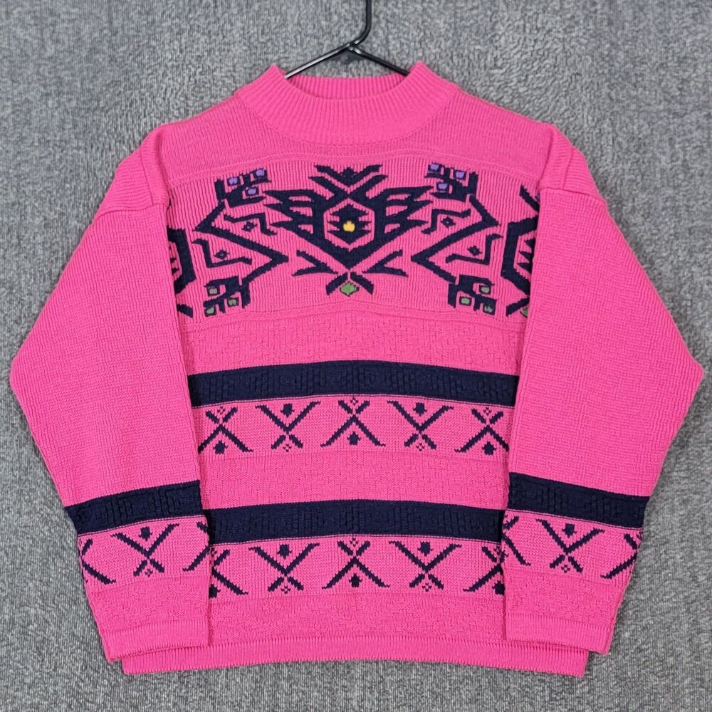 Vintage Gitano Sweater Womens 1X Pink Geometric Retro Aztec Mock Neck Pullover